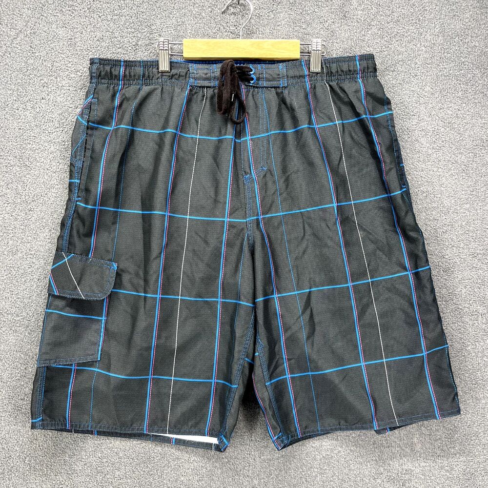 Ocean Pacific Swim‎ Trunks Mens Medium gray blue Plaid Lined Board Shorts